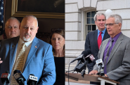 Sen. Jesse James (R-Thorp) will challenge Senate Assistant Minority Leader Jeff Smith (D-Brunswick) in 2026 for Senate District 31. James at press conference in April and Smith at a press conference in September. (Photos by Baylor Spears/Wisconsin Examiner)