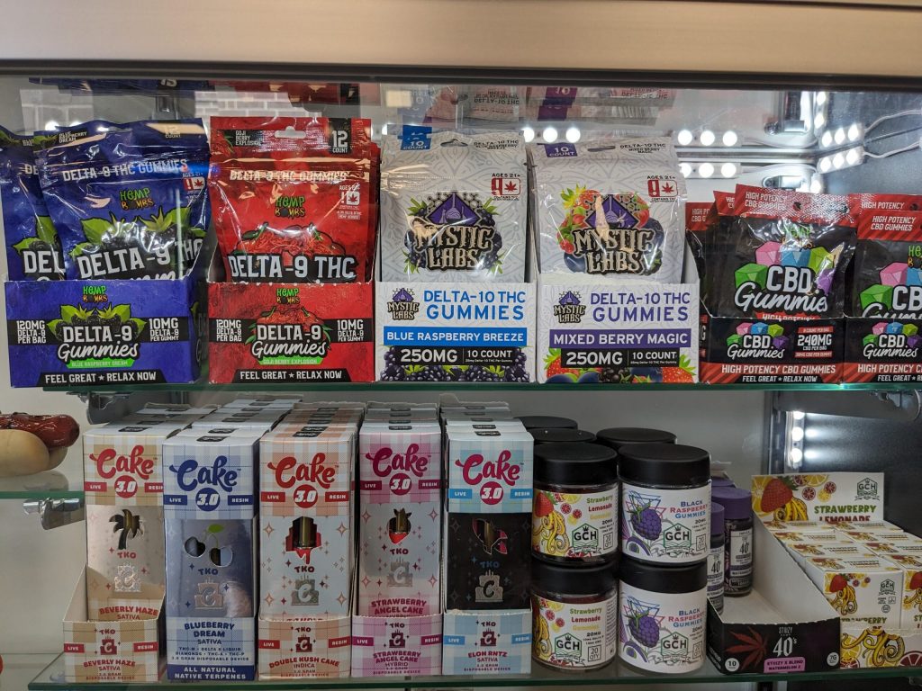 A glass class display of THC-infused products at a snack shop in Madison, Wisconsin. Richelle Wilson/WPR