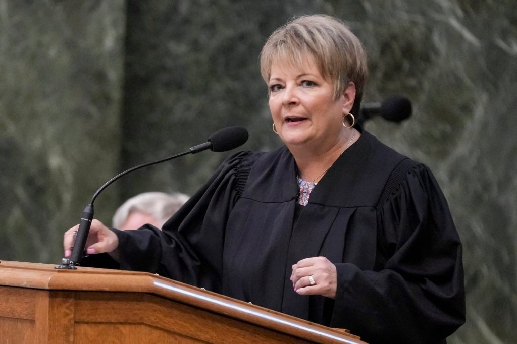 Janet Protasiewicz speaks after being sworn in as a Wisconsin Supreme Court justice, Aug. 1, 2023, in Madison, Wis. Morry Gash/AP