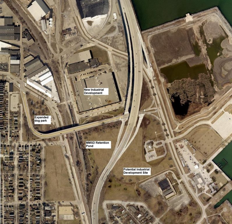 Figure 5: An aerial image of the interchange after the proposed reconfiguration with the expanded dog park and new industrial development.