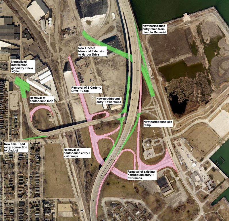 Figure 4: A diagram of the proposed reconfiguration. Red denotes pavement to be removed; green denotes new roads and ramps.