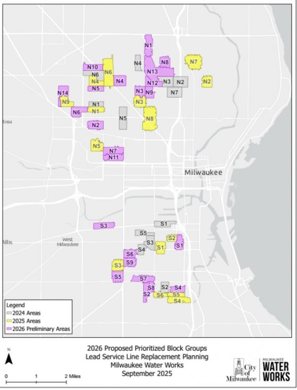 2024, 2025 and 2026 lead service line equity prioritization block locations. Image from Milwaukee Water Works.