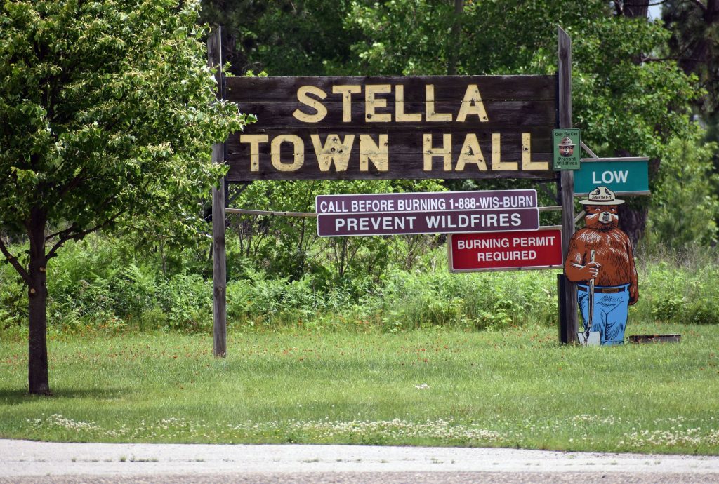 A sign designating the Stella town hall on June 21, 2025. An investigation and site inspection has found widespread PFAS contamination around the town of Stella in Oneida County. Danielle Kaeding/WPR