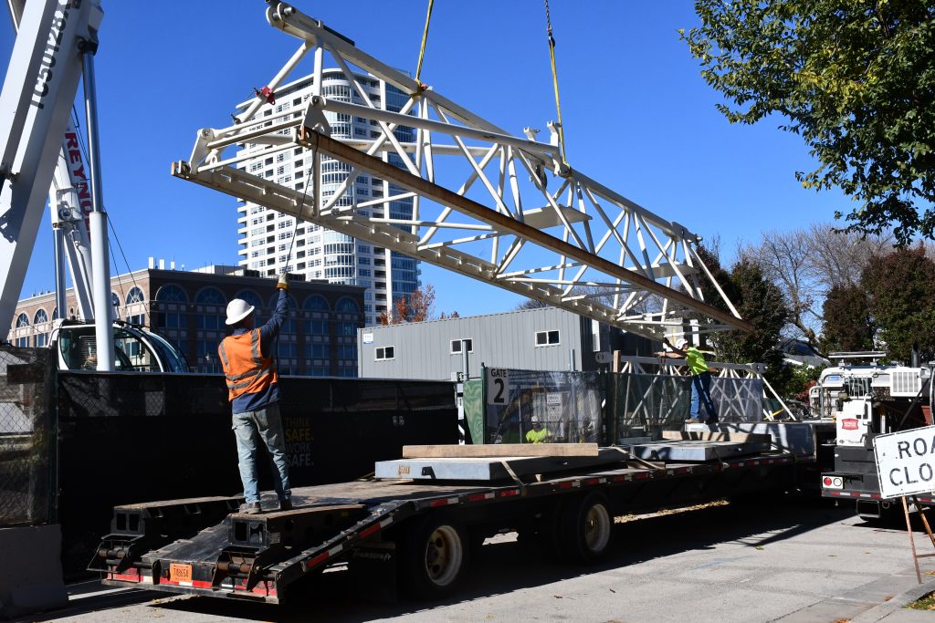 Tower crane removal at Neutral Edison. Photo by Jeramey Jannene.