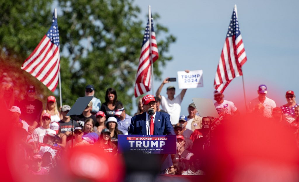 President Donald Trump speaks at a campaign rally Tuesday, June 18, 2024, in Racine, Wis. Angela Major/WPR