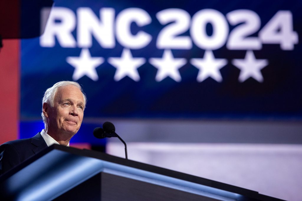 Sen. Ron Johnson speaks at the RNC on Monday, July 15, 2024, at the Fiserv Forum in Milwaukee, Wis. Angela Major/WPR