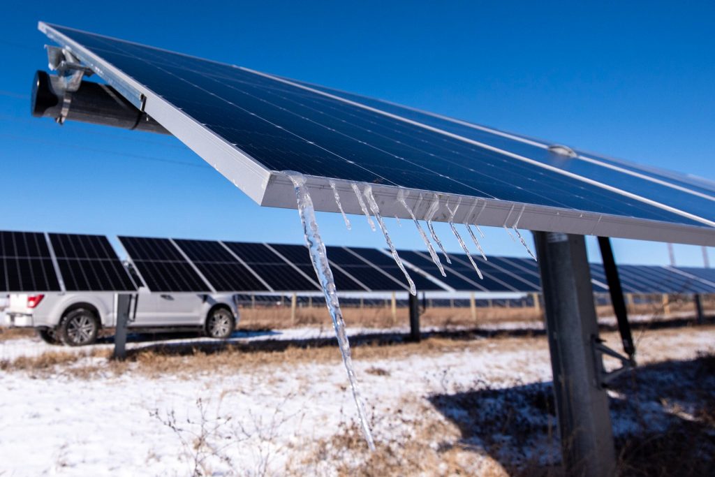 Icicles cling on to the solar panels Friday, Jan. 24, 2025, in Union Grove, Wis. Angela Major/WPR