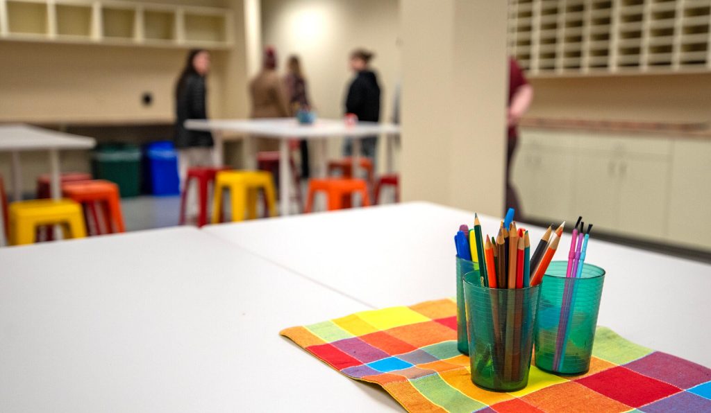 An art classroom is set up for future students Saturday, Feb. 22, 2024, at Autumn Hill Academy in Pewaukee, Wis. Angela Major/WPR