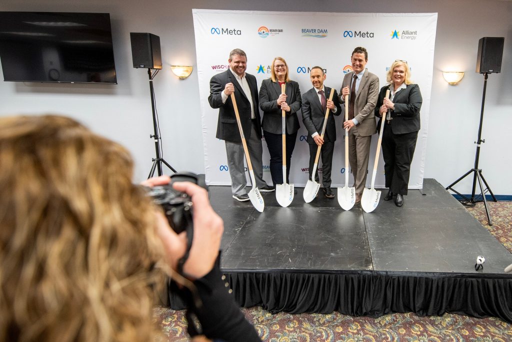 Officials take a group photo after announcing a new Meta data center Wednesday, Nov. 12, 2025, in Beaver Dam, Wis. Angela Major/WPR