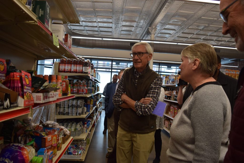 Gov. Tony Evers tours WAFER Food Pantry in La Crosse on Monday, Nov. 10, 2025. Hope Kirwan/WPR