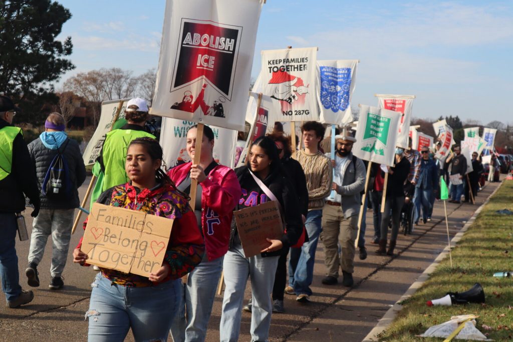 Protesters march outside of a new ICE facility being constructed in Milwaukee. (Photo by Isiah Holmes/Wisconsin Examiner)