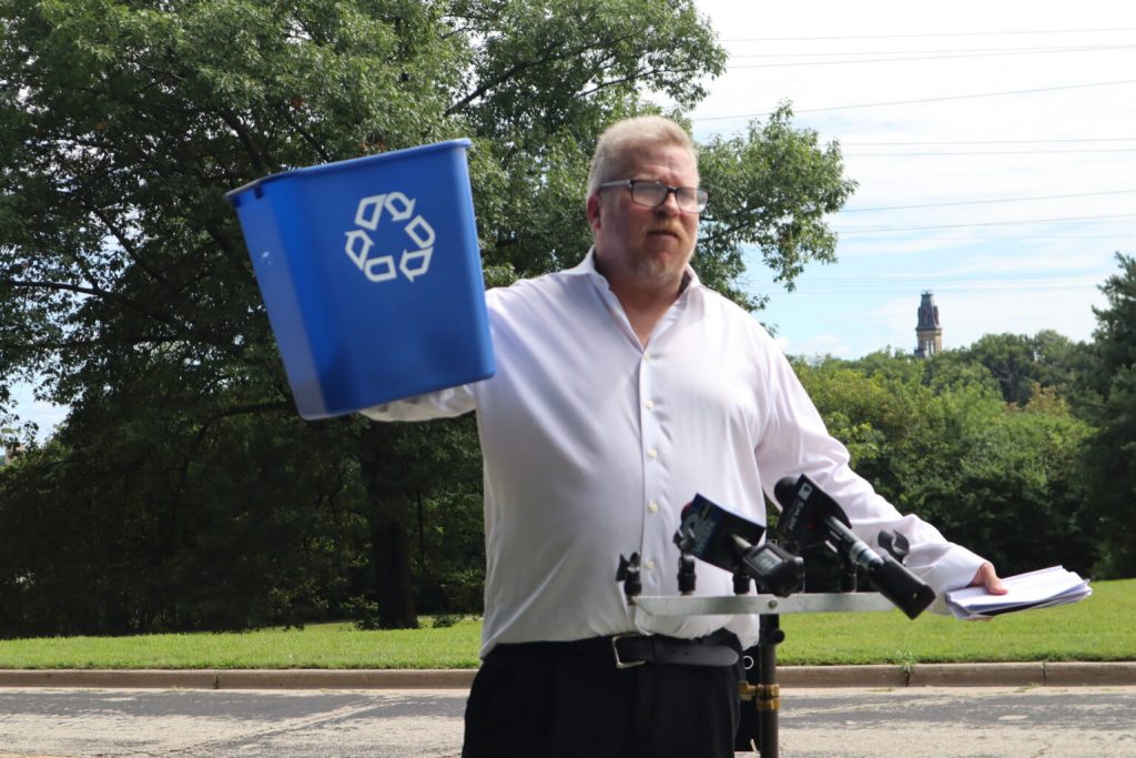 Ryan Strnad, who promoted recycling when he announced earlier this summer that he would seek the Democratic nomination to run for governor, ended his campaign Tuesday. (Photo by Isiah Holmes/Wisconsin Examiner)