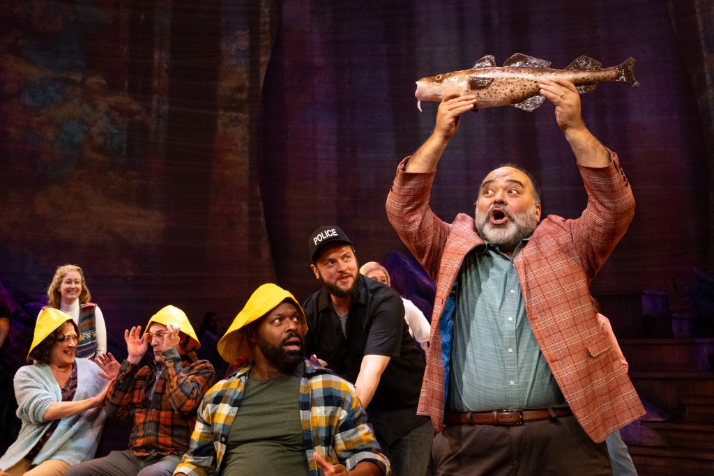 Milwaukee Repertory Theater presents Come From Away in the Ellen & Joe Checota Powerhouse November 4 – December 14, 2025. Pictured L to R Karen Ziemba, Steven Koehler, Gavin Gregory, Michael Doherty, Richard Ruiz Henry. Photo by Mark Frohna.