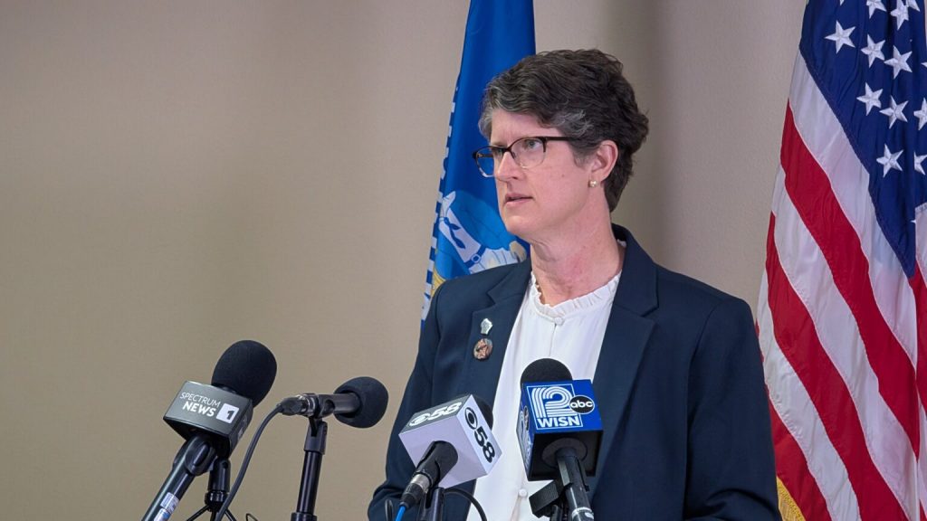 “It’s been deeply disappointing to see attempts to turn this serious issue into yet another partisan political sideshow. Our kids deserve better than that. Wisconsin families deserve better than that,” Underly said at a press conference. (Photo by Baylor Spears/Wisconsin Examiner)