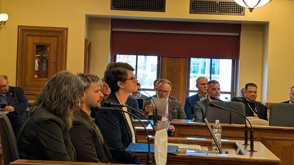 Superintendent Jill Underly taking questions from lawmakers on the Senate Education Committee.( Photo by Baylor Spears/Wisconsin Examiner)