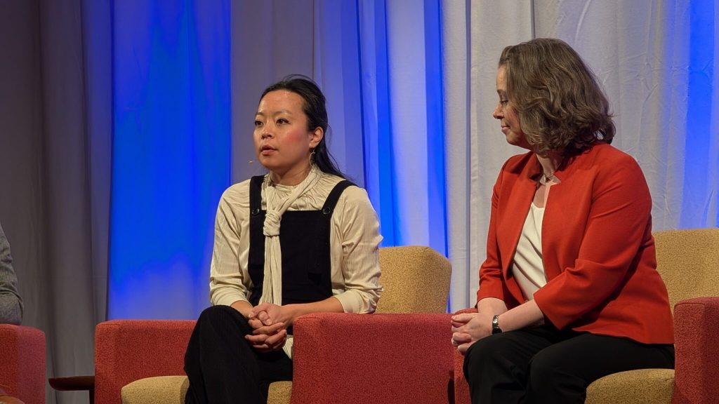 State Rep. Francesca Hong (D-Madison) speaks at a candidate forum hosted by the Wisconsin Technology Council. (Photo by Baylor Spears/Wisconsin Examiner)