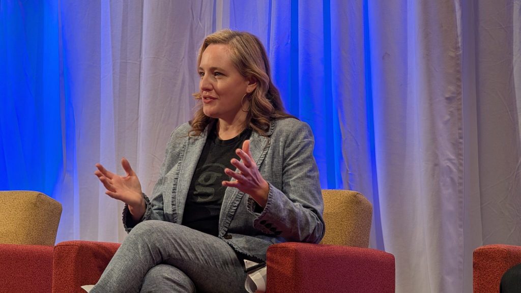 State Sen. Kelda Roys (D-Madison) speaks at the first candidate forum of the campaign cycle. “We need to have a free society that obeys democratic norms, and right now, Trump and his regime are our biggest threat,” she said. (Photo by Baylor Spears/Wisconsin Examiner)