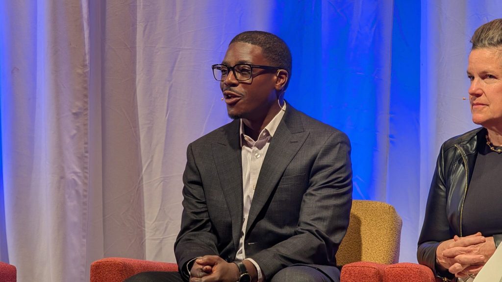 Milwaukee County Executive David Crowley speaks at the first candidate forum of the campaign cycle. “There’s an opportunity for us to really become AI and a data hub not only for the entire country, but for the entire globe,” Crowley said. (Photo by Baylor Spears/Wisconsin Examiner)
