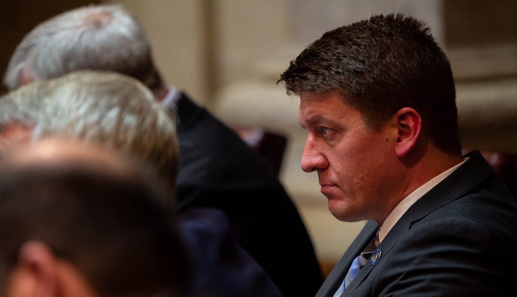 Wisconsin state Sen. Eric Wimberger, R-Green Bay, is photographed during a state Senate session on June 28, 2023, in the Wisconsin State Capitol building in Madison, Wis. Drake White-Bergey/Wisconsin Watch