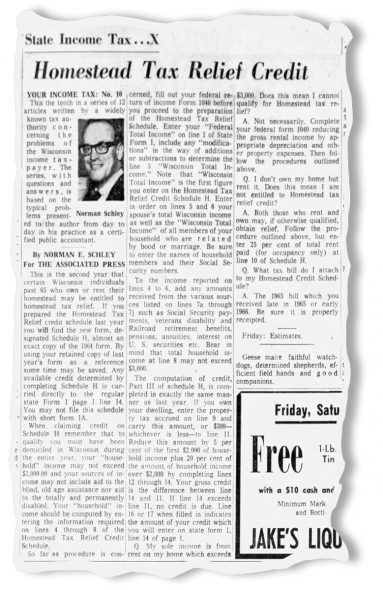 An AP story on the homestead tax credit as published in The Sheboygan Press, Jan. 20, 1966.