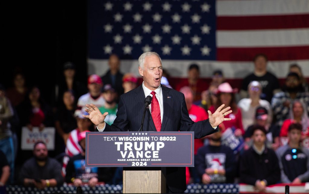 Sen. Ron Johnson speaks at a JD Vance campaign rally Monday, Oct. 28, 2024, at Racine Memorial Hall in Racine, Wis. Angela Major/WPR