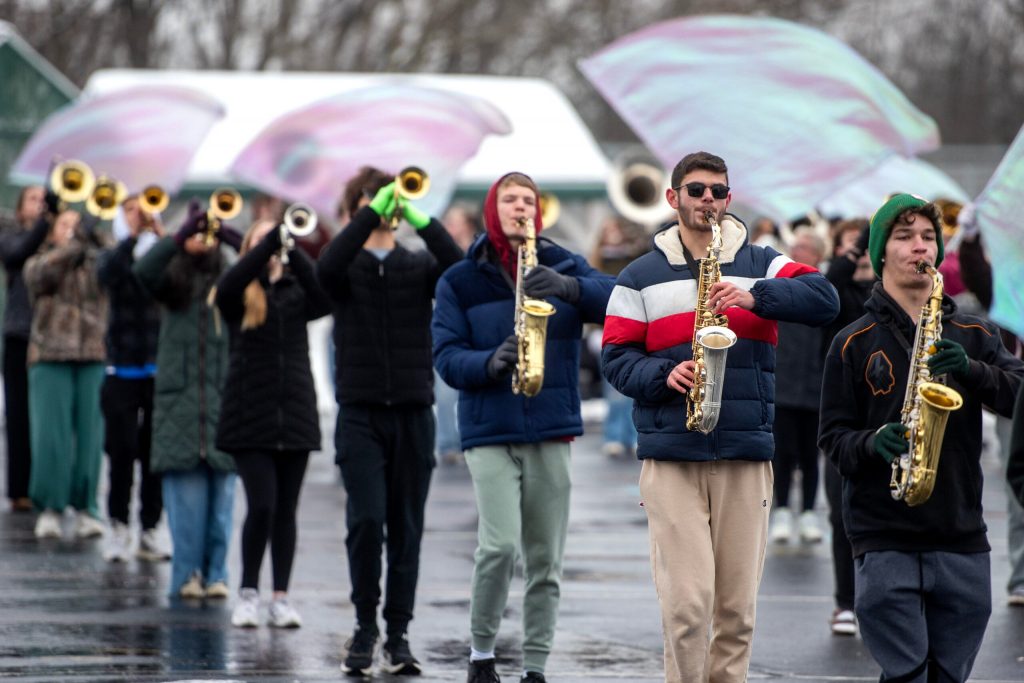 Members of the Greendale High School band practice for their upcoming Rose Parade performance Tuesday, Dec. 9, 2025, in Greendale, Wis. The parade is held in Pasadena, California on New Years Day before the Rose Bowl college football game. Angela Major/WPR