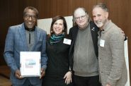 Docomomo US / Modernism in America Awards Ceremony, Chicago. Left to right: Kim Robinson (Docomomo US/Wisconsin Board of Directors), Liz Waytkus (Executive Director, Docomomo US), Chris Rute (Milwaukee Preservation Alliance Board of Directors; Wisconsin AIA), and Eric Vogel (President, Docomomo US/Wisconsin).