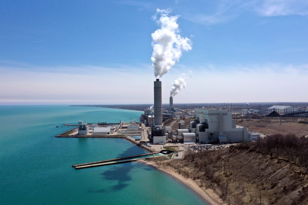 The Oak Creek Power Plant and Elm Road Generating Station, seen here on April 25, 2019, in Oak Creek, Wis., near Milwaukee, are coal-fired electrical power stations. (Coburn Dukehart / Wisconsin Watch)