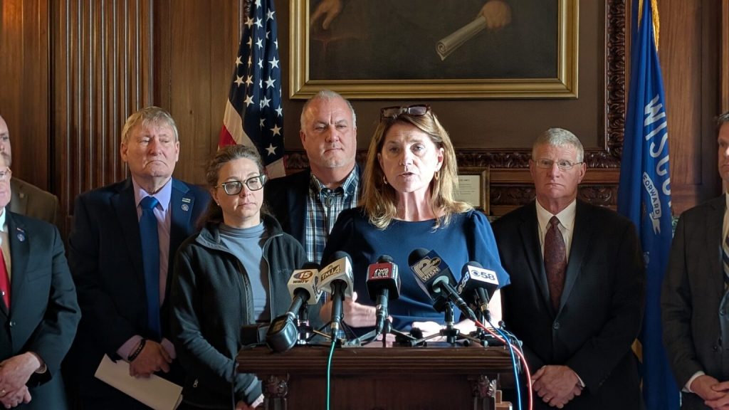 Senate President Mary Felzkowski (R-Tomahawk) said she hopes her "fellow assemblymen continue to put pressure on their leadership" to pass postpartum Medicaid expansion. Felzkowski spoke at a Republican press conference about postpartum Medicaid expansion in April. (Photo by Baylor Spears/Wisconsin Examiner)