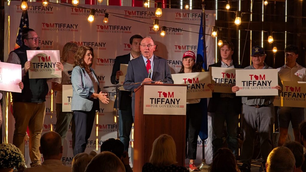 U.S. Rep. Tom Tiffany has said his campaign is aiming to raise $40 million for the 2026 gubernatorial race. Tiffany delivers a speech at his launch event in Wausau in September. (Photo by Baylor Spears/Wisconsin Examiner)
