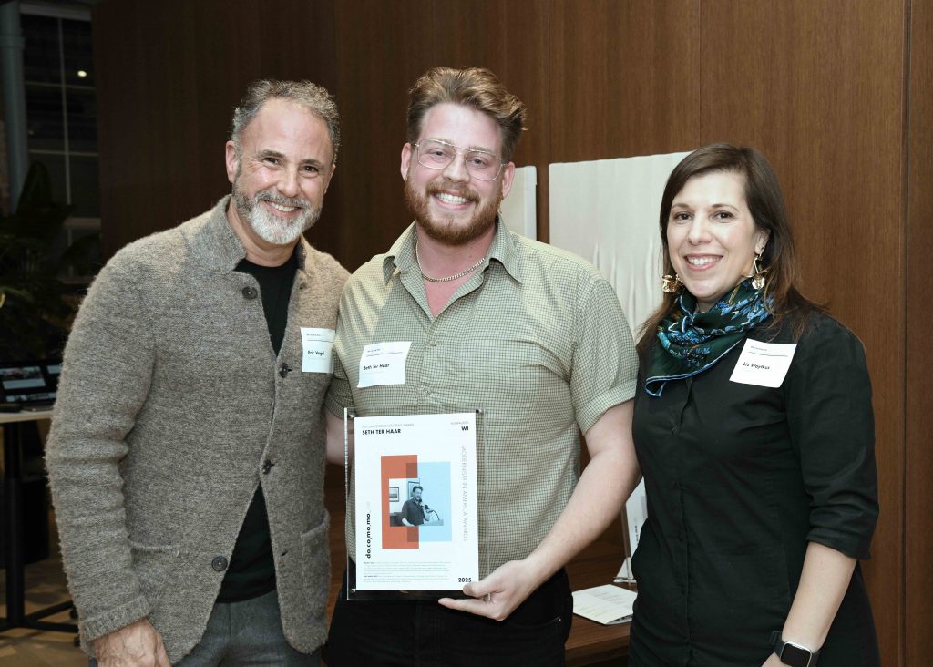 Docomomo US / Modernism in America Awards Ceremony, Chicago. Left to right: Eric Vogel (President, Docomomo US/Wisconsin), Seth Ter Haar (Docomomo US/Wisconsin Fellow), Liz Waytkus (Executive Director, Docomomo US