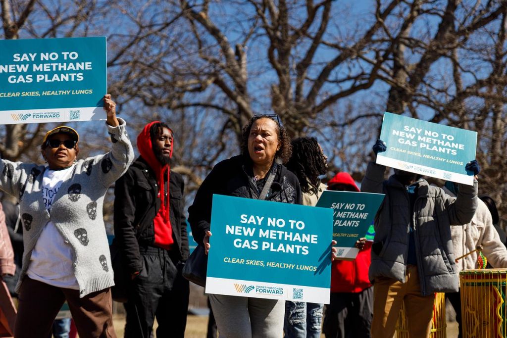 Protesters speak against a proposed natural gas power plant in Oak Creek, Wis., on March 25, 2025. (Julius Shieh / Milwaukee Neighborhood News Service)