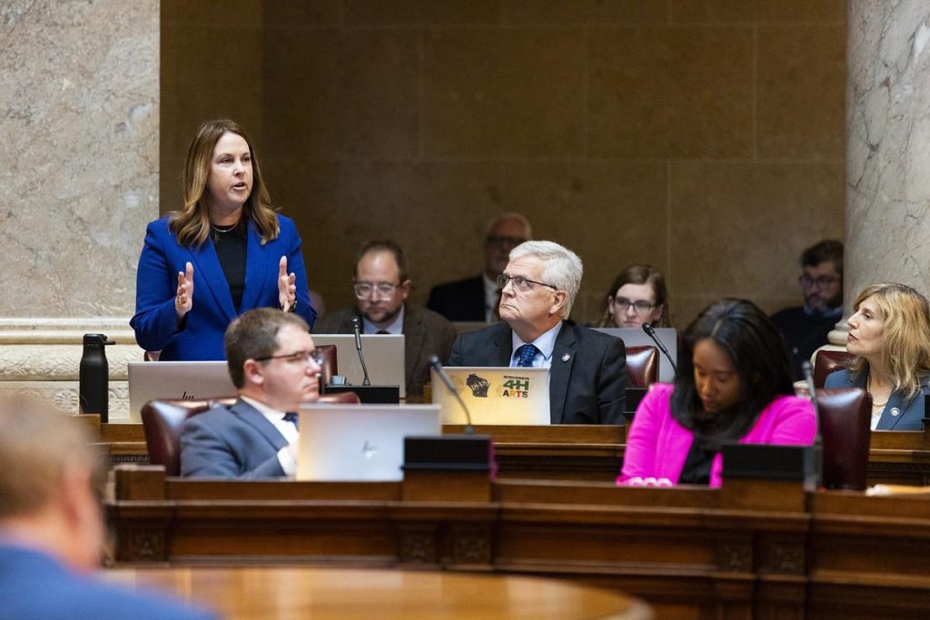 Senate Minority Leader Dianne Hesselbein, D-Middleton, speaks during a Senate floor session Oct. 14, 2025, at the State Capitol in Madison, Wis. (Joe Timmerman / Wisconsin Watch)