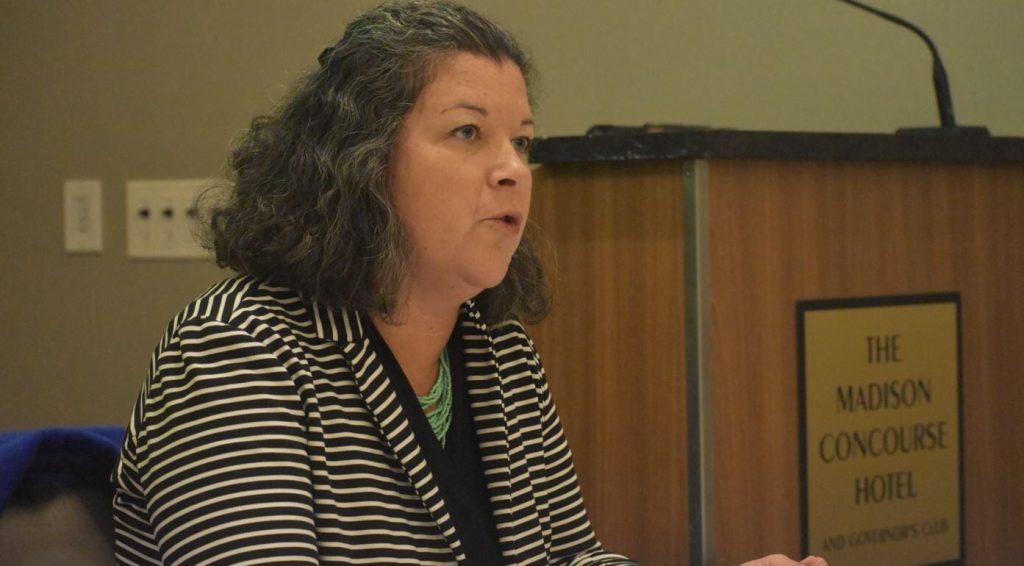 Former state Public Service Commission Chair Rebecca Valcq speaks with northern Wisconsin leaders about FCC maps on Feb. 21, 2023, in Madison. Danielle Kaeding/WPR