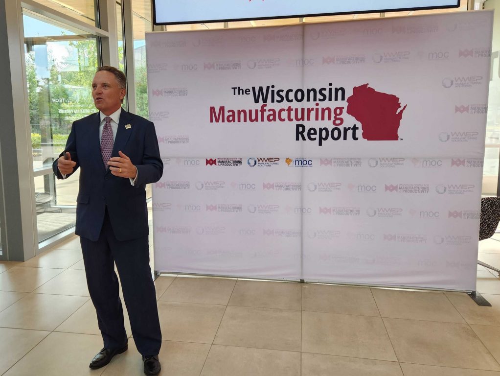 Buckley Brinkman, CEO of the Wisconsin Center for Manufacturing & Productivity, speaks to northeast Wisconsin manufacturing stakeholders about the 2023 Wisconsin Manufacturing Report at Titletown Tech in Green Bay on Wednesday, Oct. 4, 2023. Joe Schulz/WPR