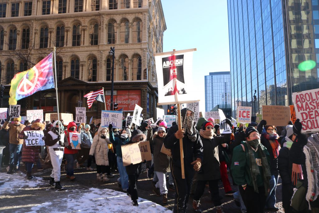 Protestors march through downtown Milwaukee. Photo taken Jan. 30, 2026 by Sophie Bolich.
