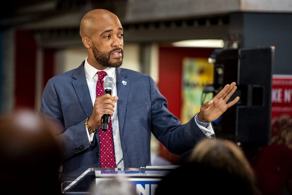 Lt. Gov. Mandela Barnes speaks to event attendees as he kicks off his campaign for U.S. Senate on Tuesday, July 20, 2021, in Milwaukee, Wis. Angela Major/WPR