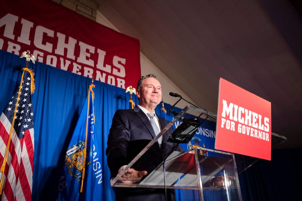 Tim Michels addresses his supporters after defeating other Republican candidates in the gubernatorial primary Tuesday, Aug. 9, 2022, in Waukesha, Wis. Angela Major/WPR