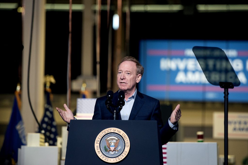 Microsoft President Brad Smith announces a $3.3 billion investment to build an artificial intelligence data center on land once slated for development by Foxconn on Wednesday, May 8, 2024, at Gateway Technical College in Sturtevant, Wis. Angela Major/WPR