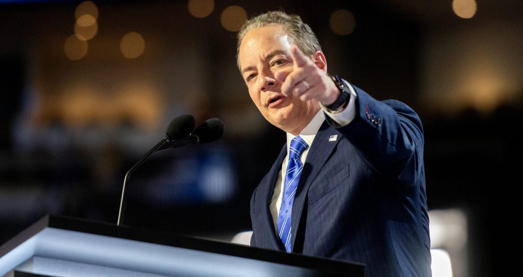 Former White House Chief of Staff Reince Priebus points at the Wisconsin delegation as he speaks during the second day of the RNC on Tuesday, July 16, 2024, at the Fiserv Forum in Milwaukee, Wis. Angela Major/WPR