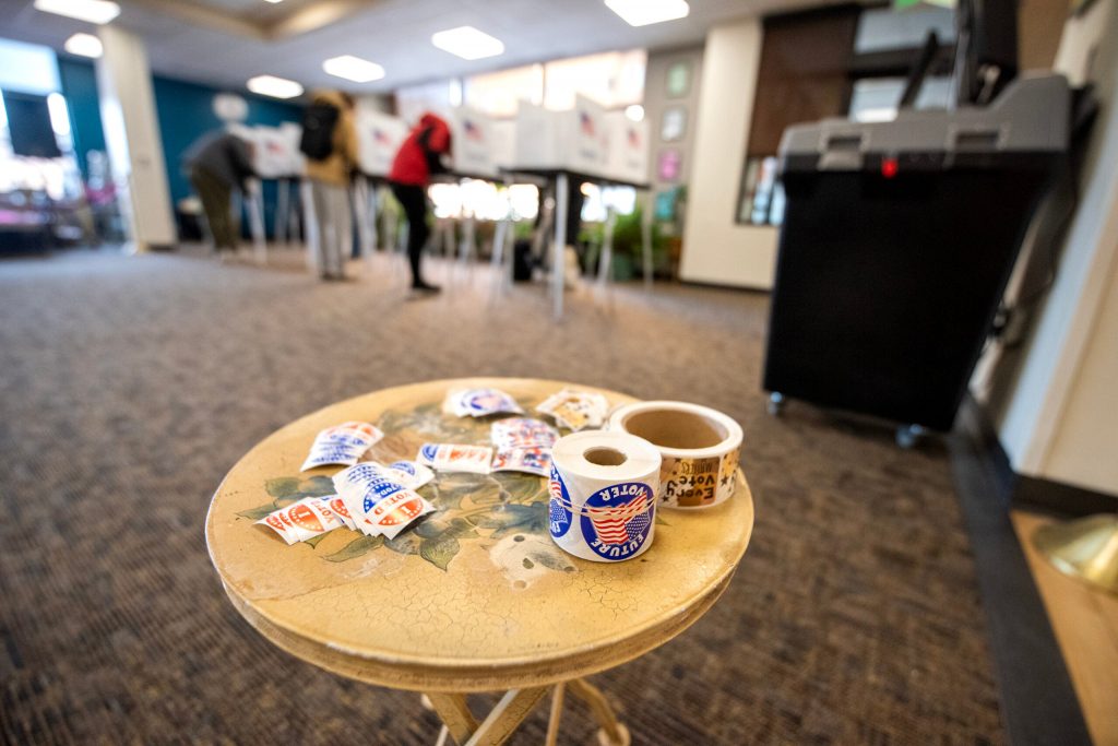 Stickers await voters who cast their ballots Tuesday, April 1, 2025, at the Madison Senior Center in Madison, Wis. Angela Major/WPR