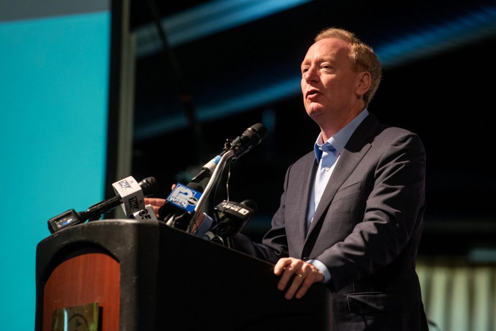 Brad Smith, Vice Chair and President of Microsoft, speaks Thursday, Sept. 18, 2025, in Racine, Wis. Angela Major/WPR