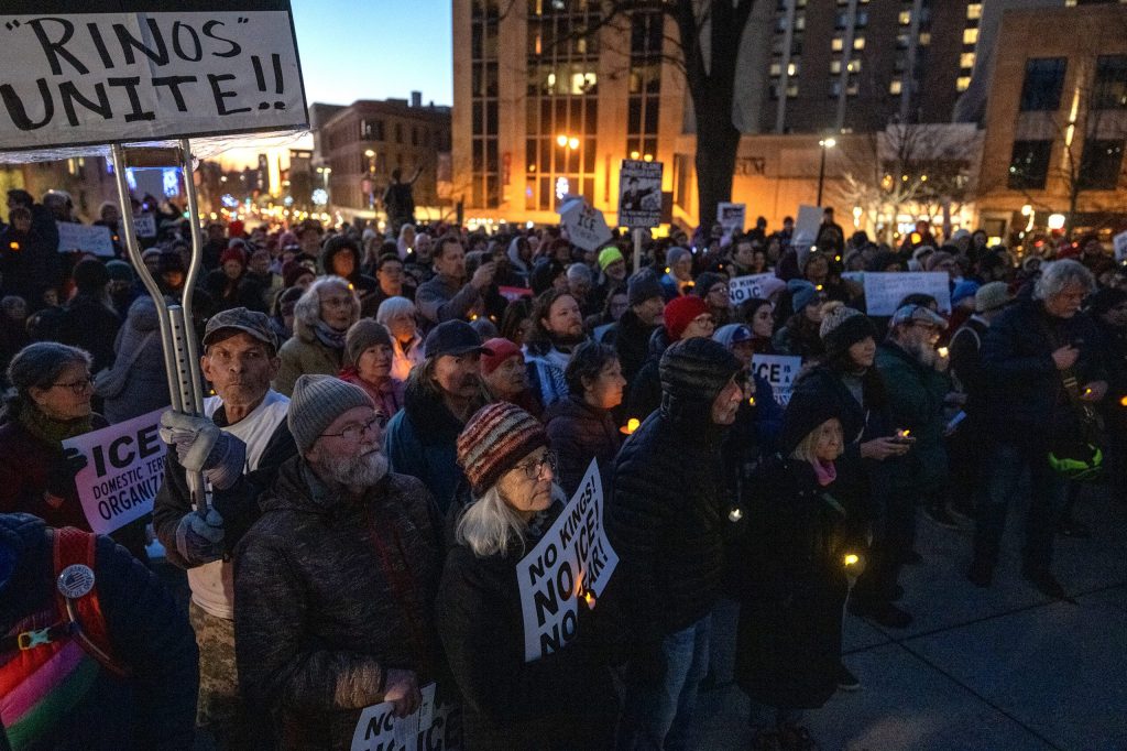 Protesters gather to remember Renee Macklin Good and to protest in response to a fatal shooting in Minneapolis by an Immigration and Customs Enforcement agent Friday, Jan. 9, 2026, at the Wisconsin State Capitol in Madison, Wis. Angela Major/WPR
