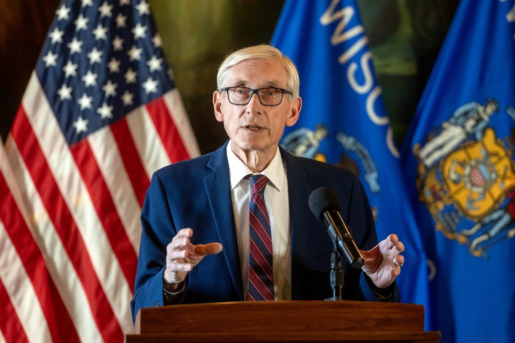 Gov. Tony Evers speaks to the press Monday, Jan. 12, 2026, at the Wisconsin State Capitol in Madison, Wis. Angela Major/WPR