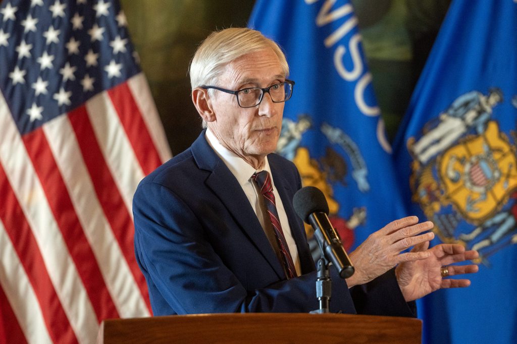 Gov. Tony Evers speaks to the press Monday, Jan. 12, 2026, at the Wisconsin State Capitol in Madison, Wis. Angela Major/WPR
