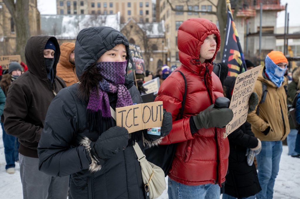 Protesters gather to protest ICE and the Trump administration Sunday, Jan. 25, 2026, in Madison, Wis. The protest came after a Border Patrol agent shot and killed Alex Pretti in Minneapolis the day before. Angela Major/WPR