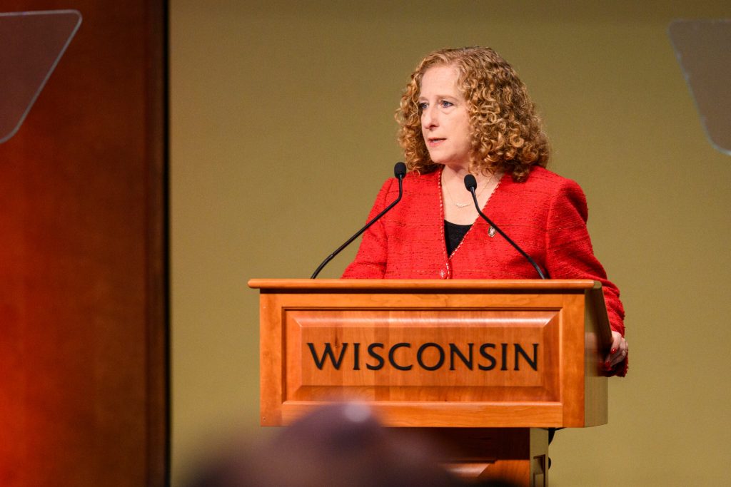 UW-Madison Chancellor Jennifer Mnookin speaks during a Lunch with the Chancellor event held in Union South’s Varsity Hall at the University of Wisconsin-Madison on Oct. 9, 2025. Althea Dotzour/UW-Madison