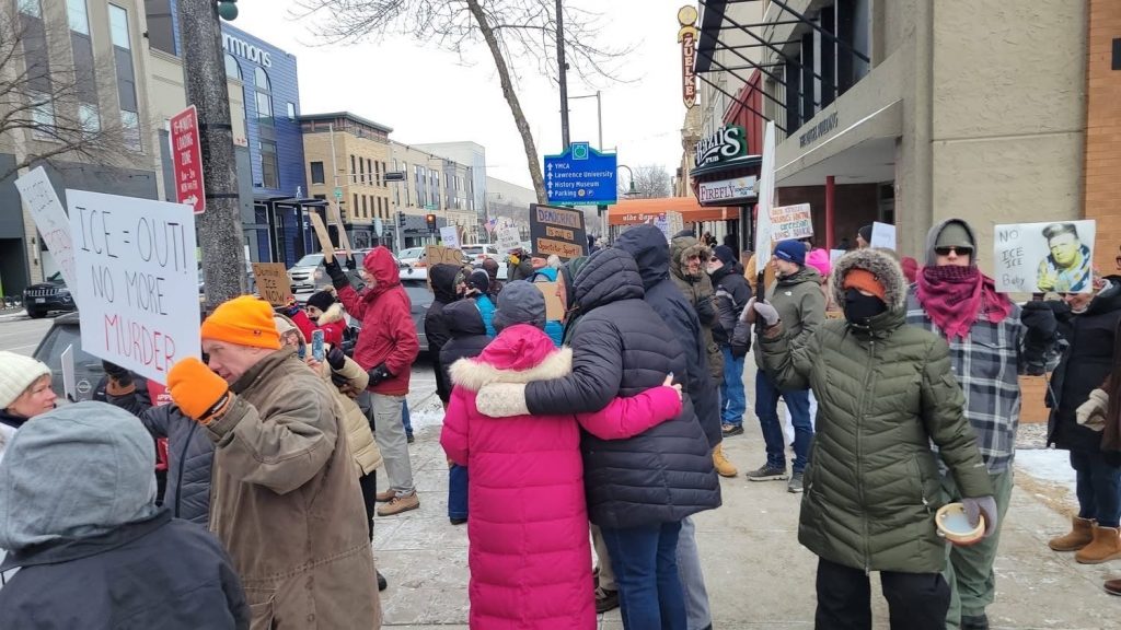 Protesters gather in Appleton, Wis. on Jan. 25, 2026, following the death of Alex Pretti of Minneapolis, who was fatally shot by ICE on Jan. 24, 2026. Emily Tseffos/Outagamie County Democratic Party