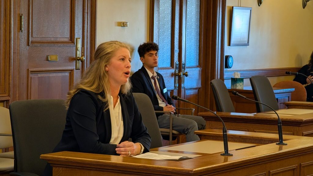 Colbey Decker, a WILL client who alleges her white son who struggles with dyslexia faced racial discrimination in the Green Bay Area School District, testified in favor of a proposed amendment to the state constitution outlawing government programs that promote diversity, equity and inclusion. (Photo by Baylor Spears/Wisconsin Examiner)