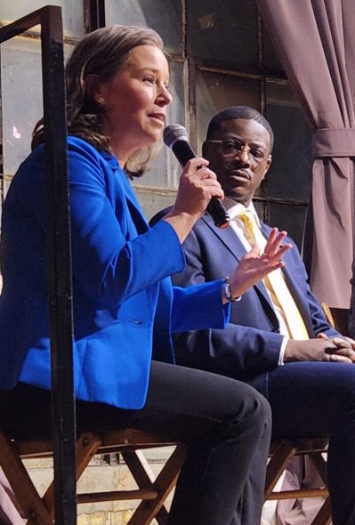 Lt. Gov. Sara Rodriguez, who is seeking the Democratic nomination to run for governor, speaks at a forum Wednesday, June 21, 2026 in Milwaukee. David Crowley looks on. (Photo by Erik Gunn/Wisconsin Examiner)